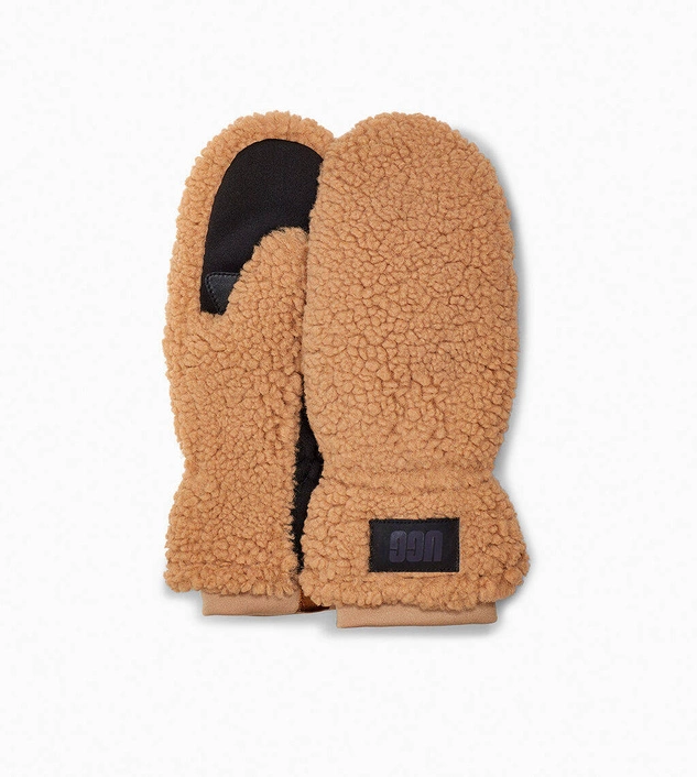UGG RĘKAWICZKI DAMSKIE SHERPA MITTEN LOGO CARAMEL