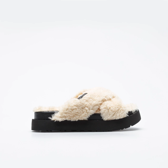 UGG W FUZZ SUGAR CROSS SLIDE NATURAL / BLACK