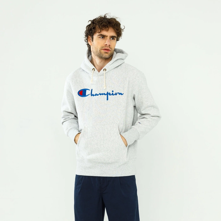 Champion Reverse Weave Script Logo Hooded Sweatshirt Grey